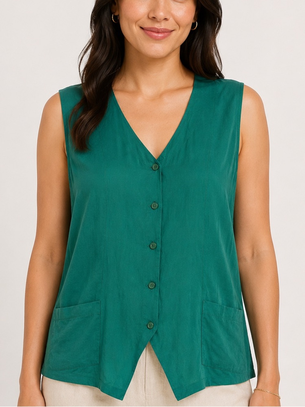 Stephanie Andrews 100% Silk Emerald Green Button Front Vest Top XL